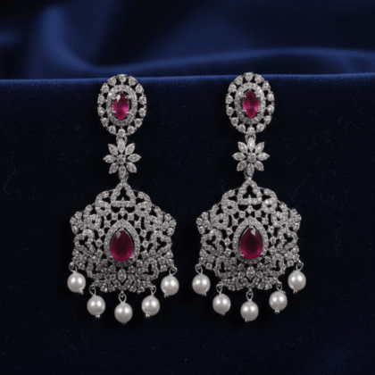 Ruby & CZ Rhodium-Tone Drop Earrings