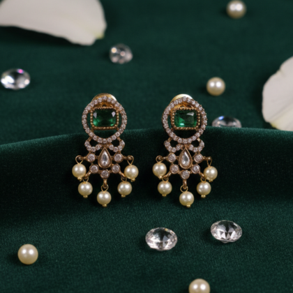 Green Stone & Pearl Gold Tone Drop Earrings