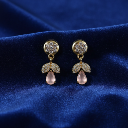 Pink Stone & CZ Gold tone Drop Earrings