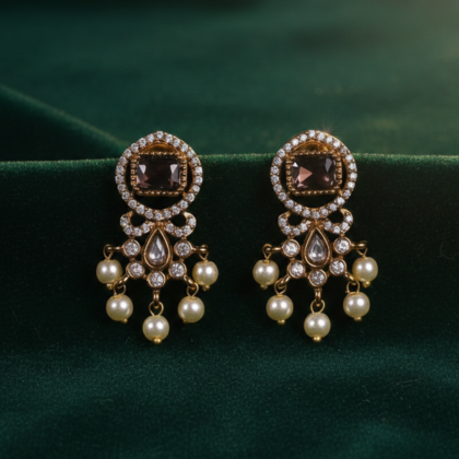 Purple Stone & Pearl Gold Tone Drop Earrings