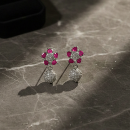 Pink Stone & CZ Rhodium-Tone Earrings