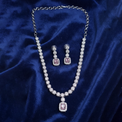 Pink & White Stone Silver Tone Necklace Set