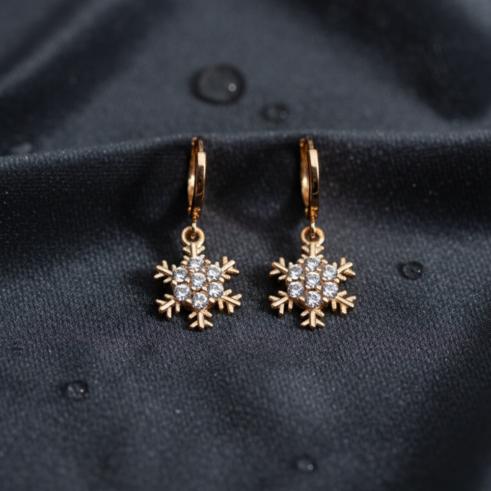 CZ Stone Gold Tone Snowflake Hoop Earrings