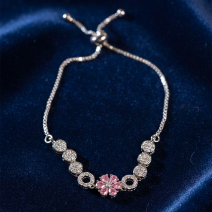 Pink Flower & CZ Rhodium-Tone Bolo Bracelet