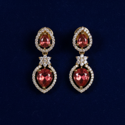 Red Stone & CZ Gold Tone Heart Drop Earrings