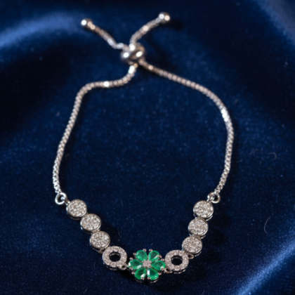 Green Flower & CZ Silver Tone Bolo Bracelet