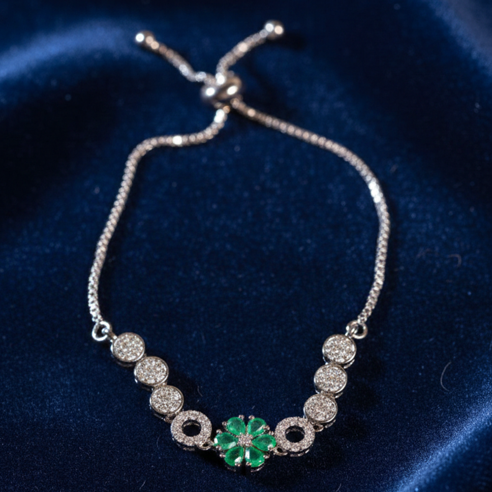 Green Flower & CZ Silver Tone Bolo Bracelet