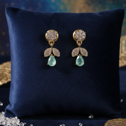 Green Stone & CZ Gold tone Drop Earrings