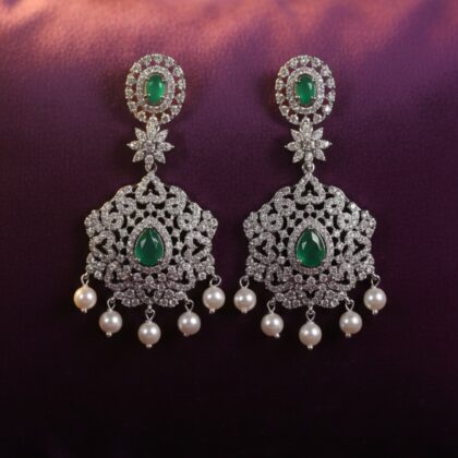 Green Stone & CZ Rhodium-Tone Drop Earrings
