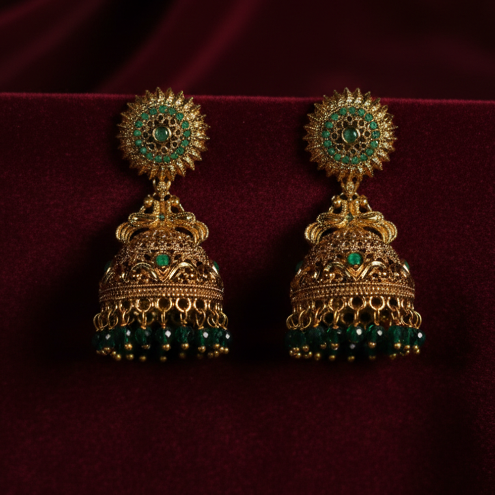 Antique Green Temple Jhumka Earrings