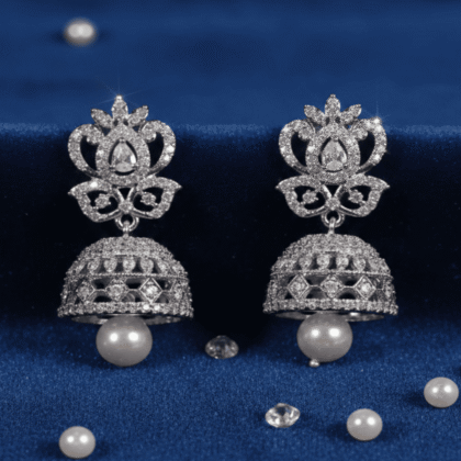 CZ Stone Rhodium-Tone Jhumka Earrings