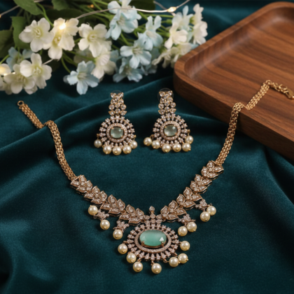 Green Stone & Pearl Gold Tone Necklace Set
