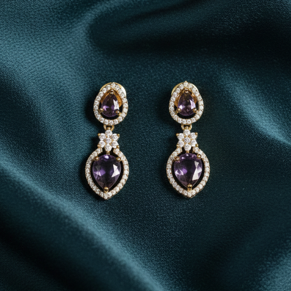 Purple Stone & CZ Gold Tone Heart Drop Earrings