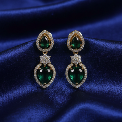Green Stone & CZ Gold Tone Heart Drop Earrings