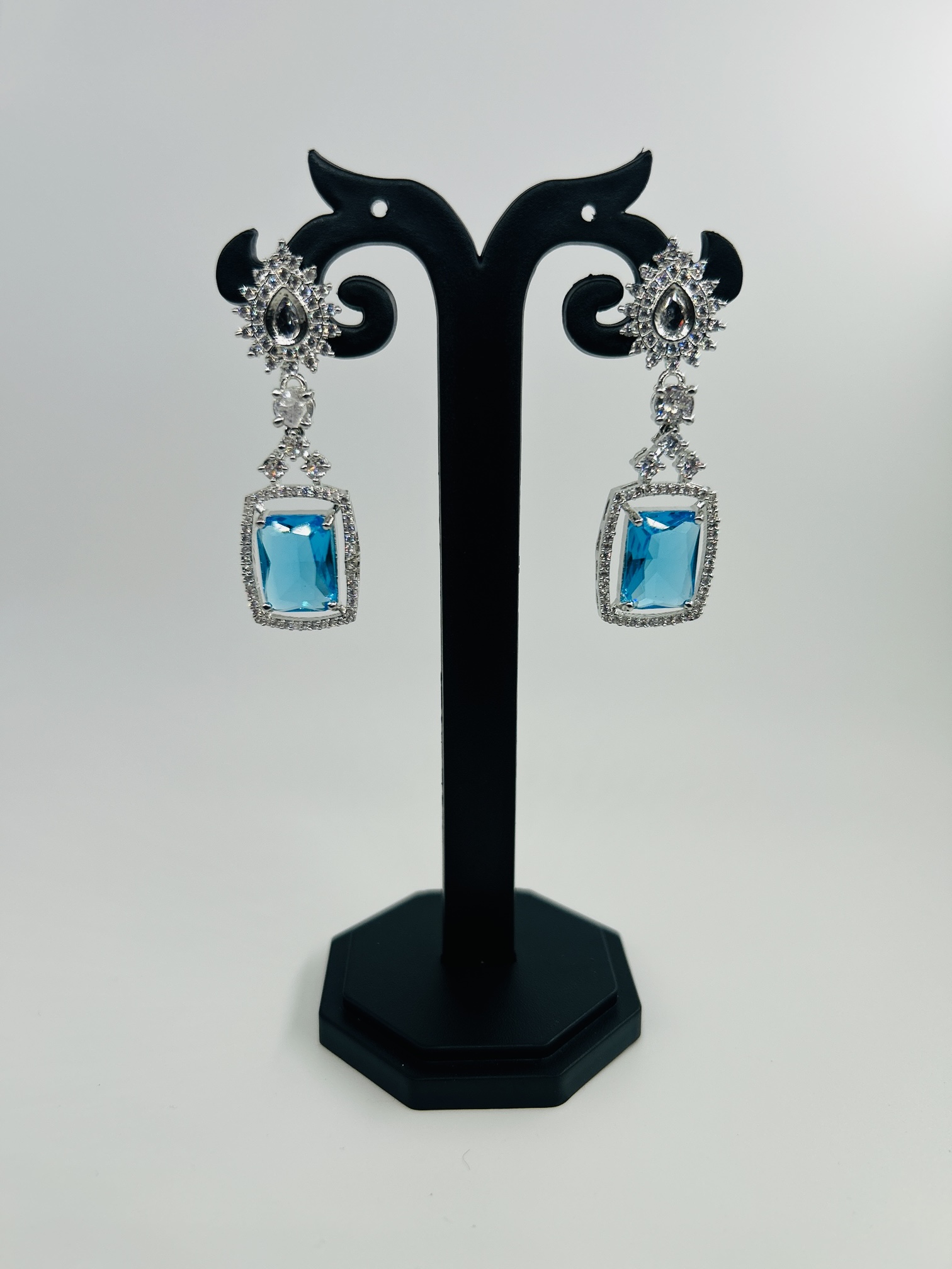 Blue Stone & CZ Rhodium-Tone Drop Earrings - Image 4
