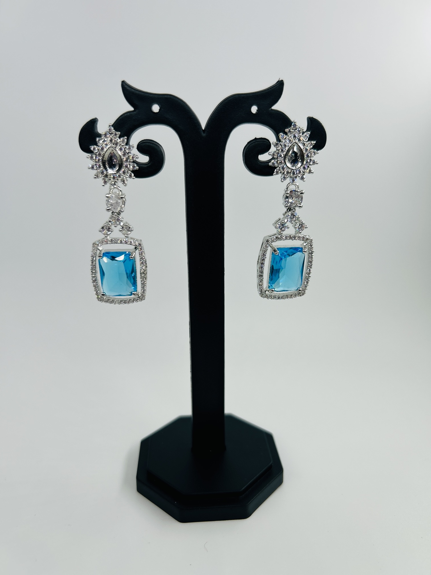 Blue Stone & CZ Rhodium-Tone Drop Earrings - Image 3