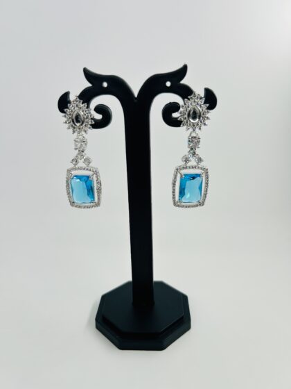 Blue Stone & CZ Rhodium-Tone Drop Earrings