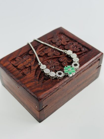 Green Flower & CZ Silver Tone Bolo Bracelet
