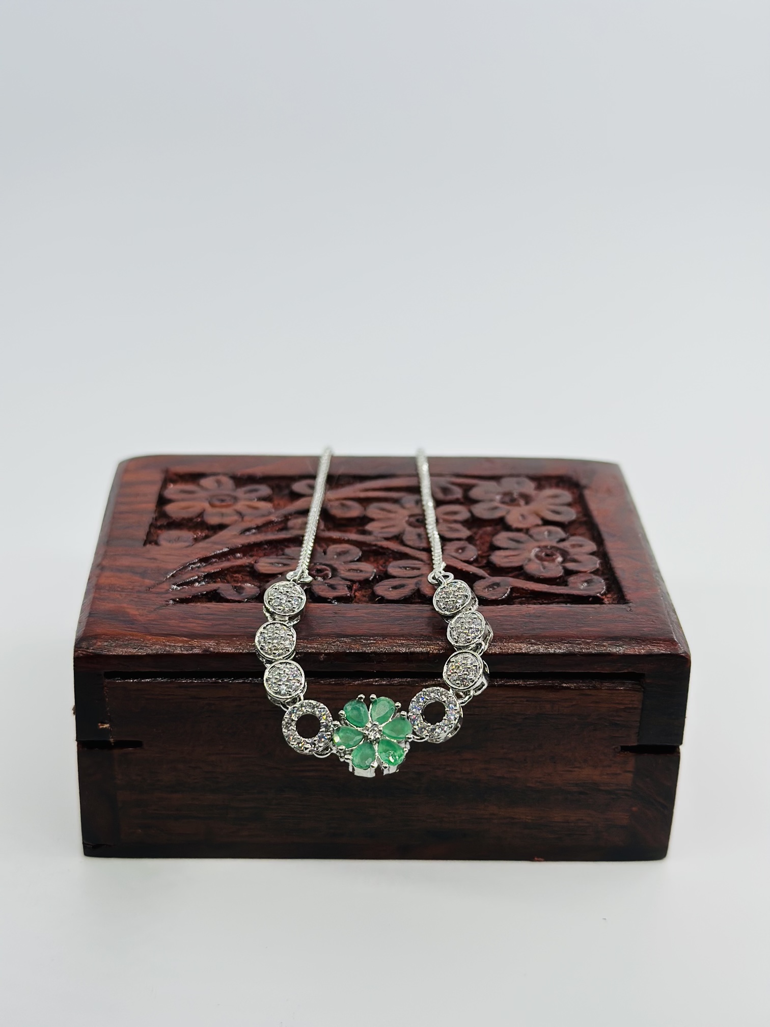 Green Flower & CZ Silver Tone Bolo Bracelet - Image 2