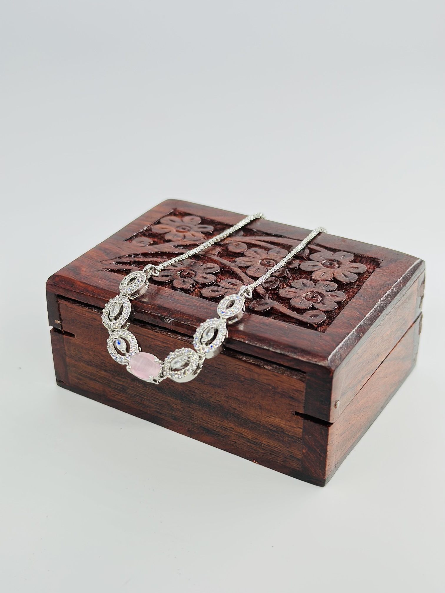 Pink Stone & CZ Rhodium-Tone Bracelet - Image 3