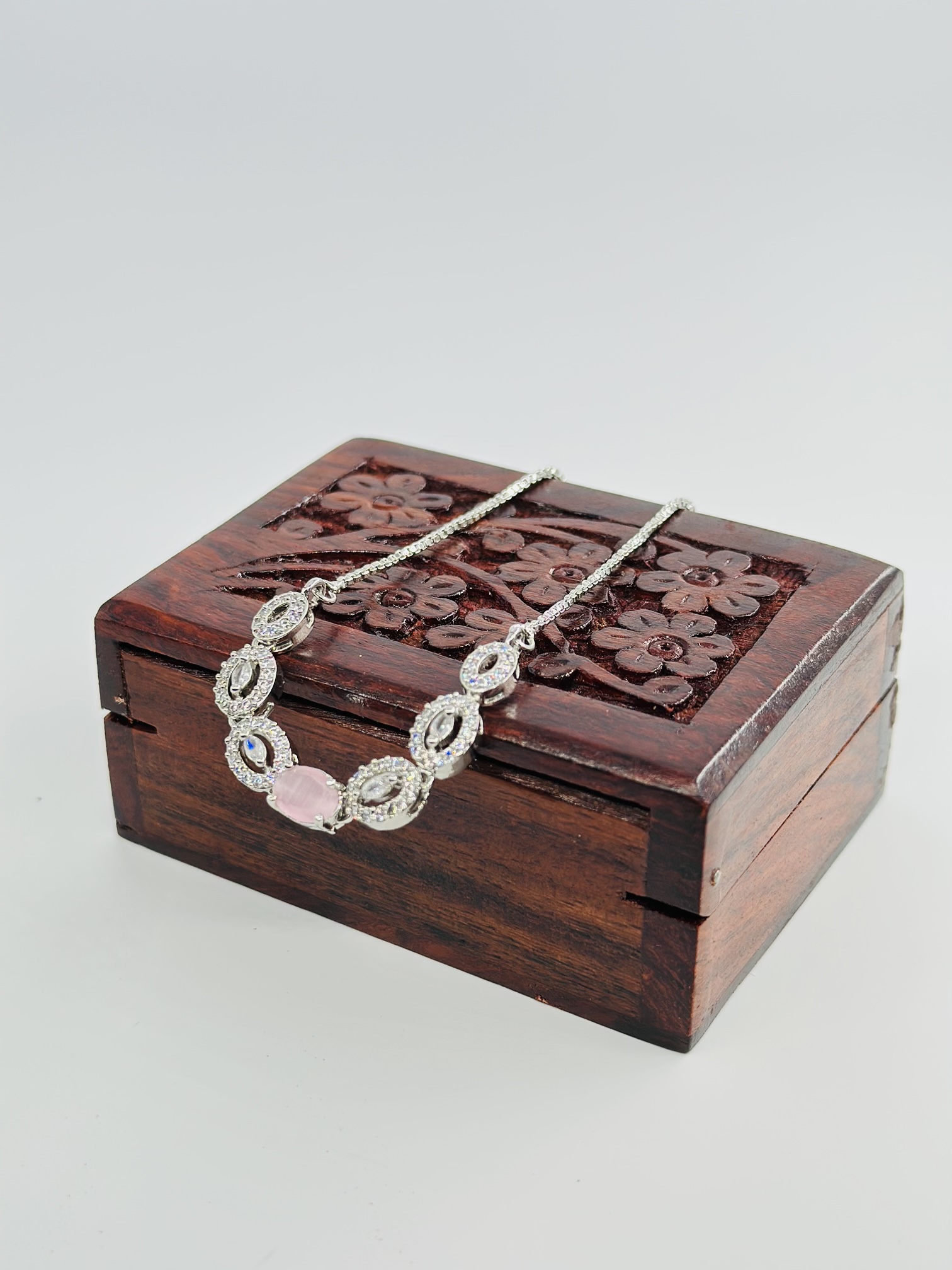 Pink Stone & CZ Rhodium-Tone Bracelet - Image 2