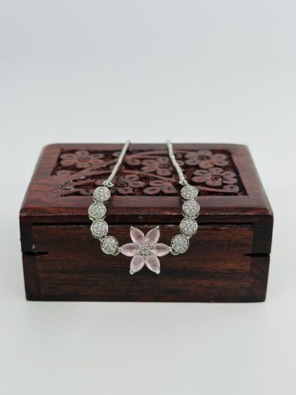 Pink Flower & CZ Rhodium-Tone Bolo Bracelet