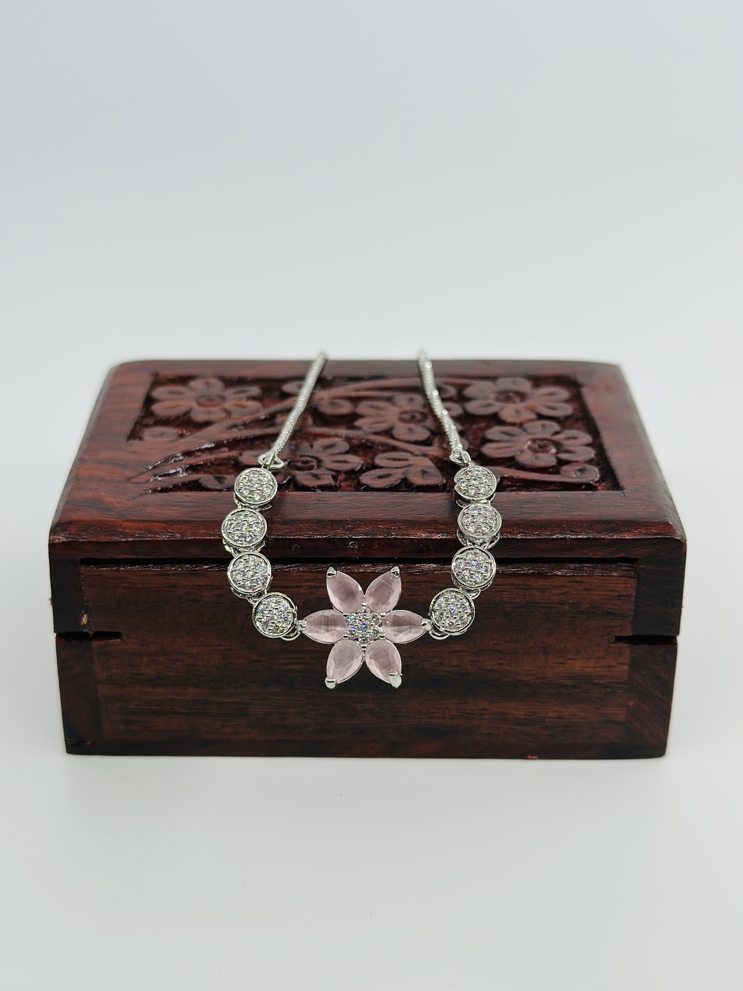 Pink Flower & CZ Rhodium-Tone Bolo Bracelet