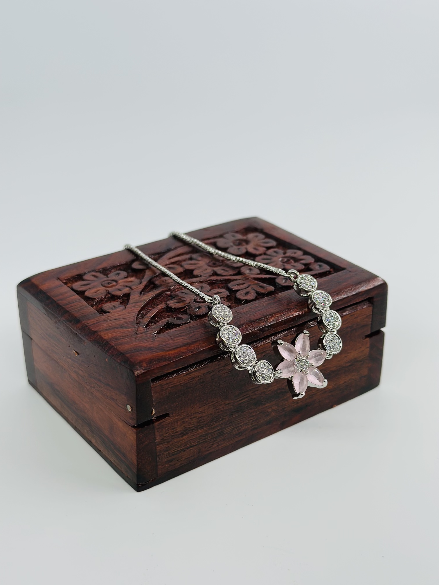 Pink Flower & CZ Rhodium-Tone Bolo Bracelet - Image 4