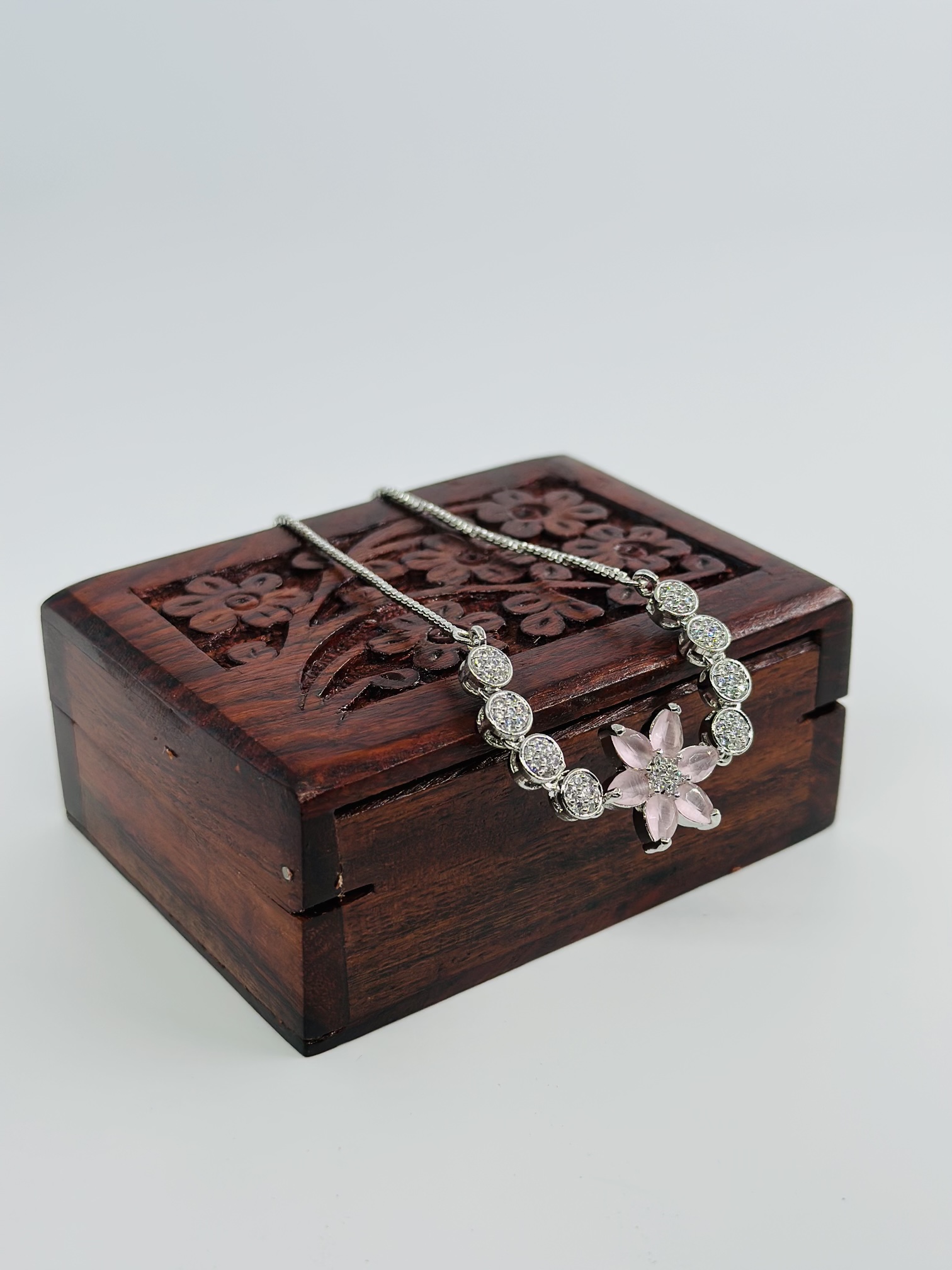 Pink Flower & CZ Rhodium-Tone Bolo Bracelet - Image 3