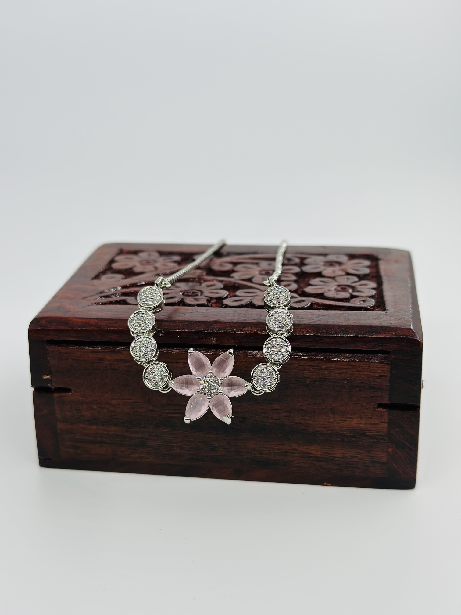 Pink Flower & CZ Rhodium-Tone Bolo Bracelet - Image 2
