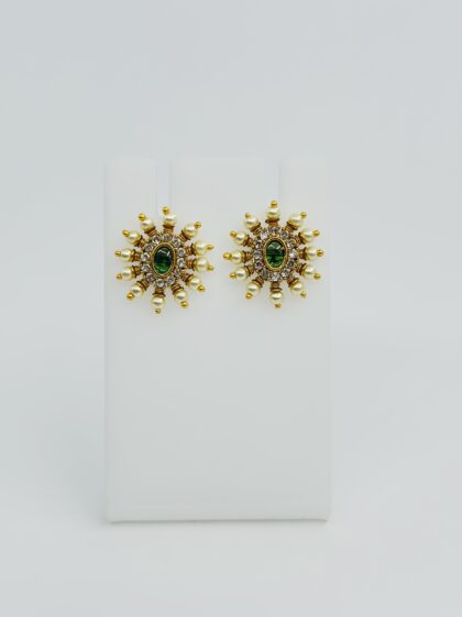 Green & Pearl Gold Tone Stud Earrings