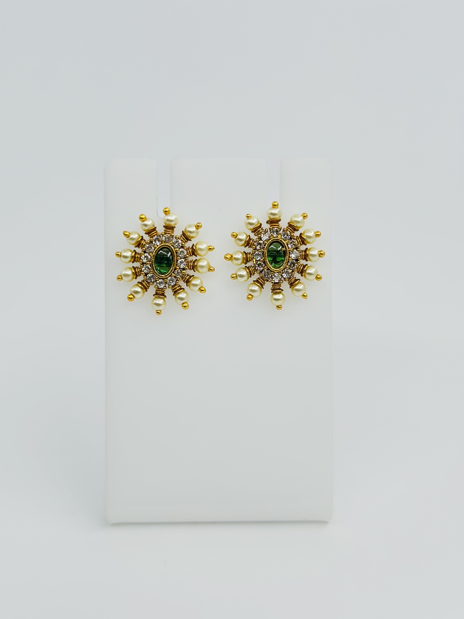 Green & Pearl Gold Tone Stud Earrings