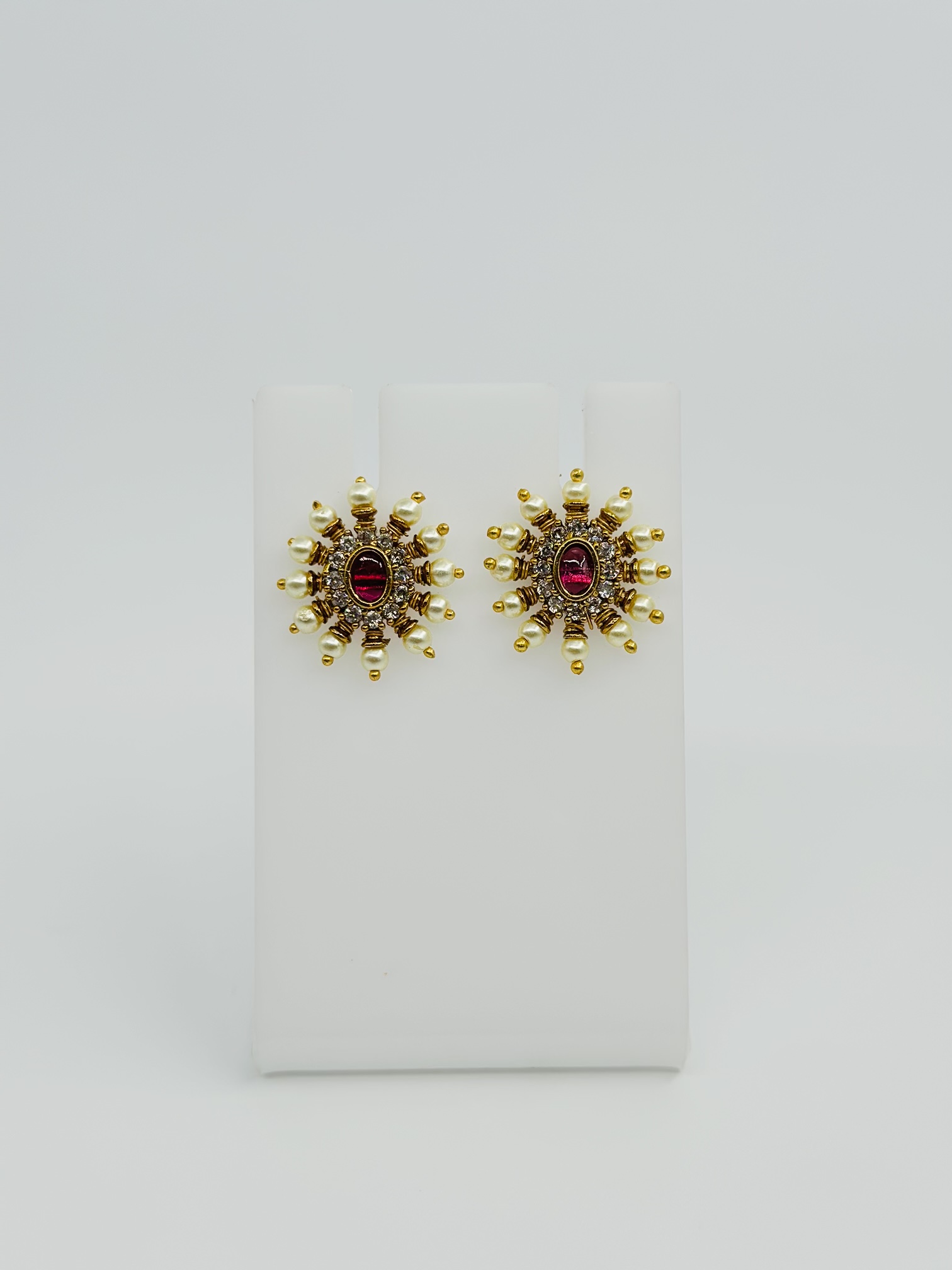 Ruby & Pearl Gold Tone Stud Earrings - Image 4