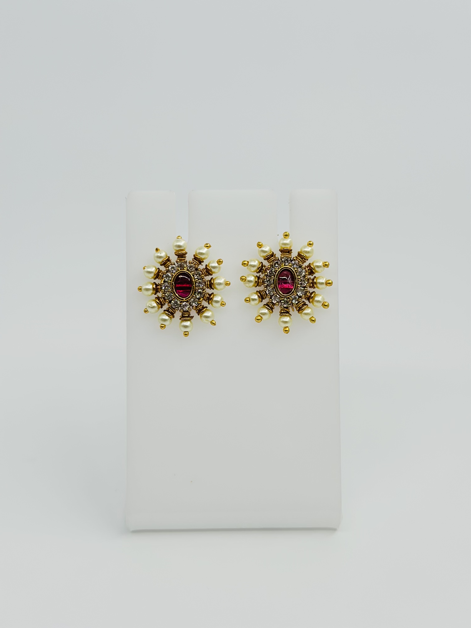 Ruby & Pearl Gold Tone Stud Earrings - Image 3