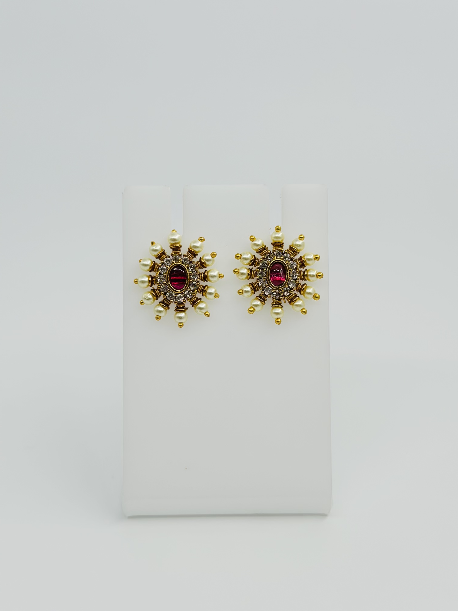 Ruby & Pearl Gold Tone Stud Earrings - Image 2