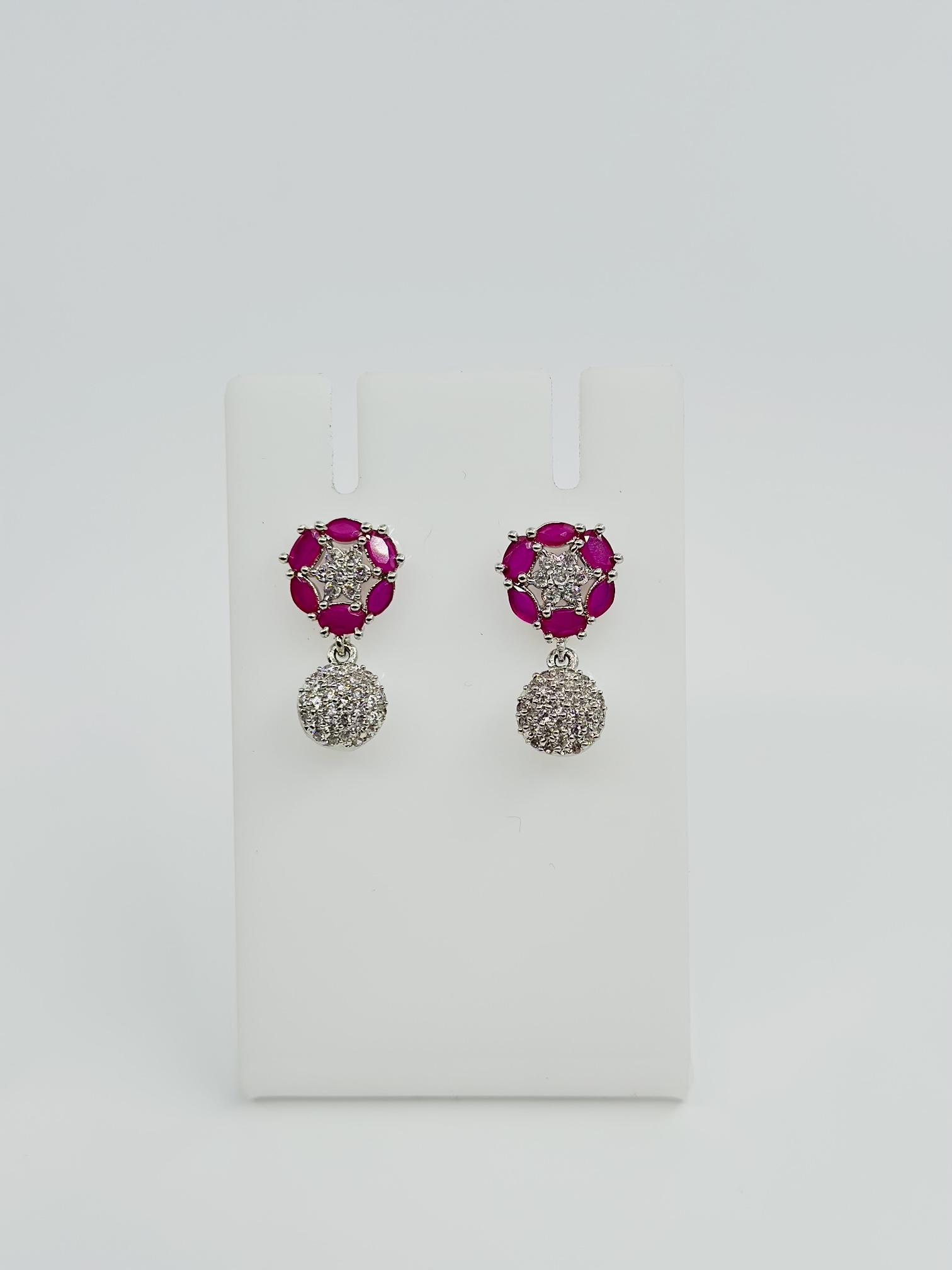 Pink Stone & CZ Rhodium-Tone Earrings - Image 2