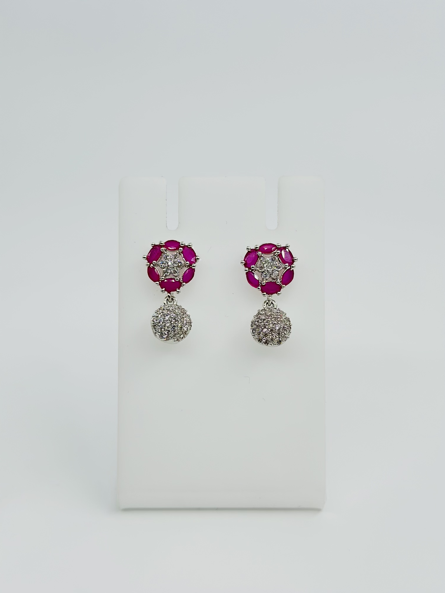 Pink Stone & CZ Rhodium-Tone Earrings