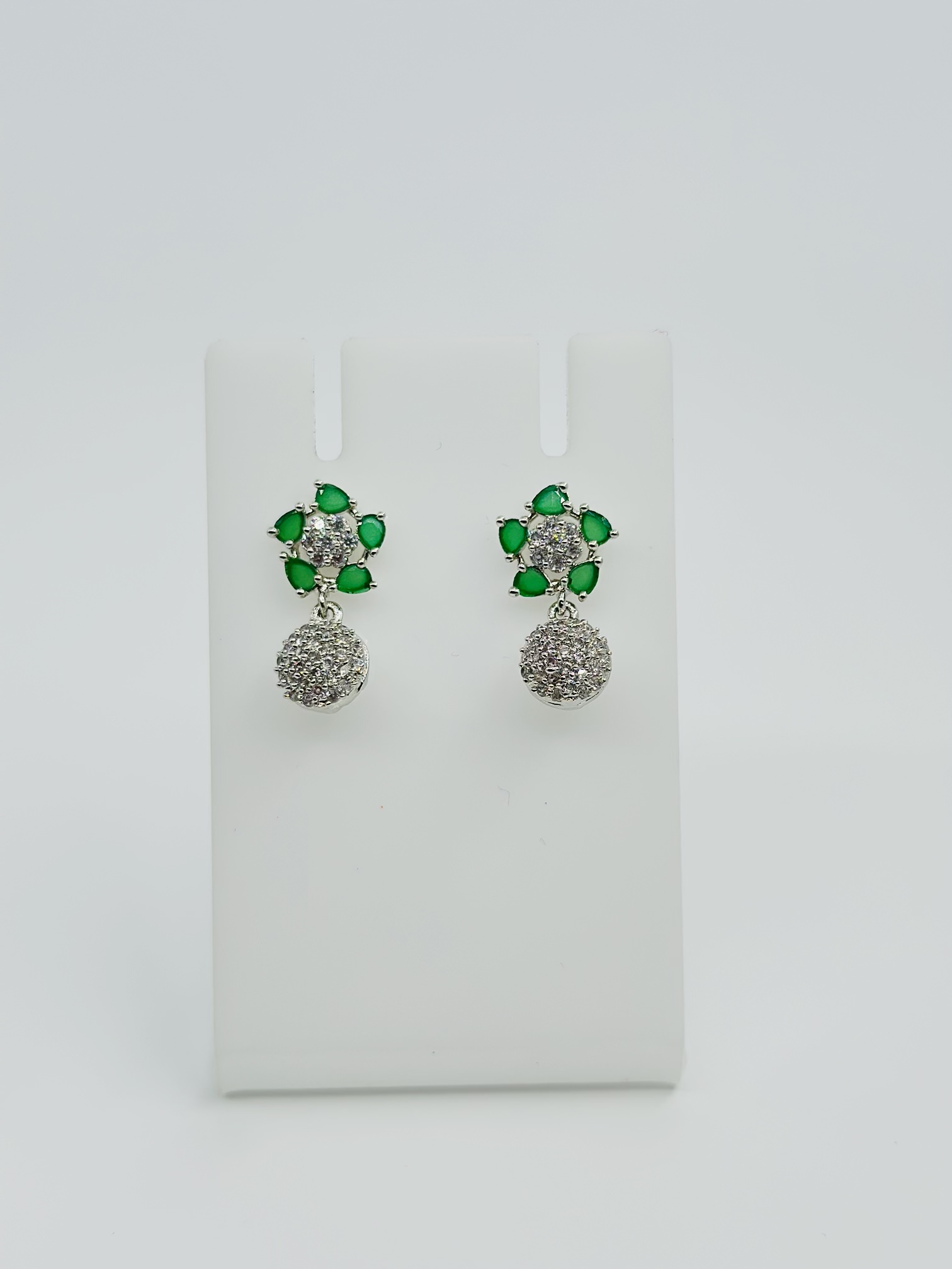 Green Stone & CZ Rhodium-Tone Drop Earrings - Image 4