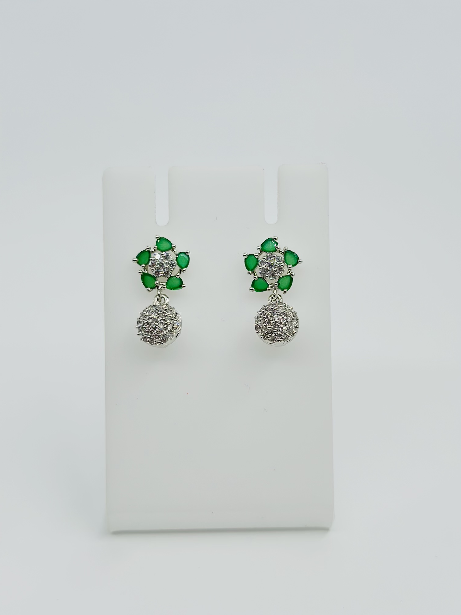 Green Stone & CZ Rhodium-Tone Drop Earrings - Image 3