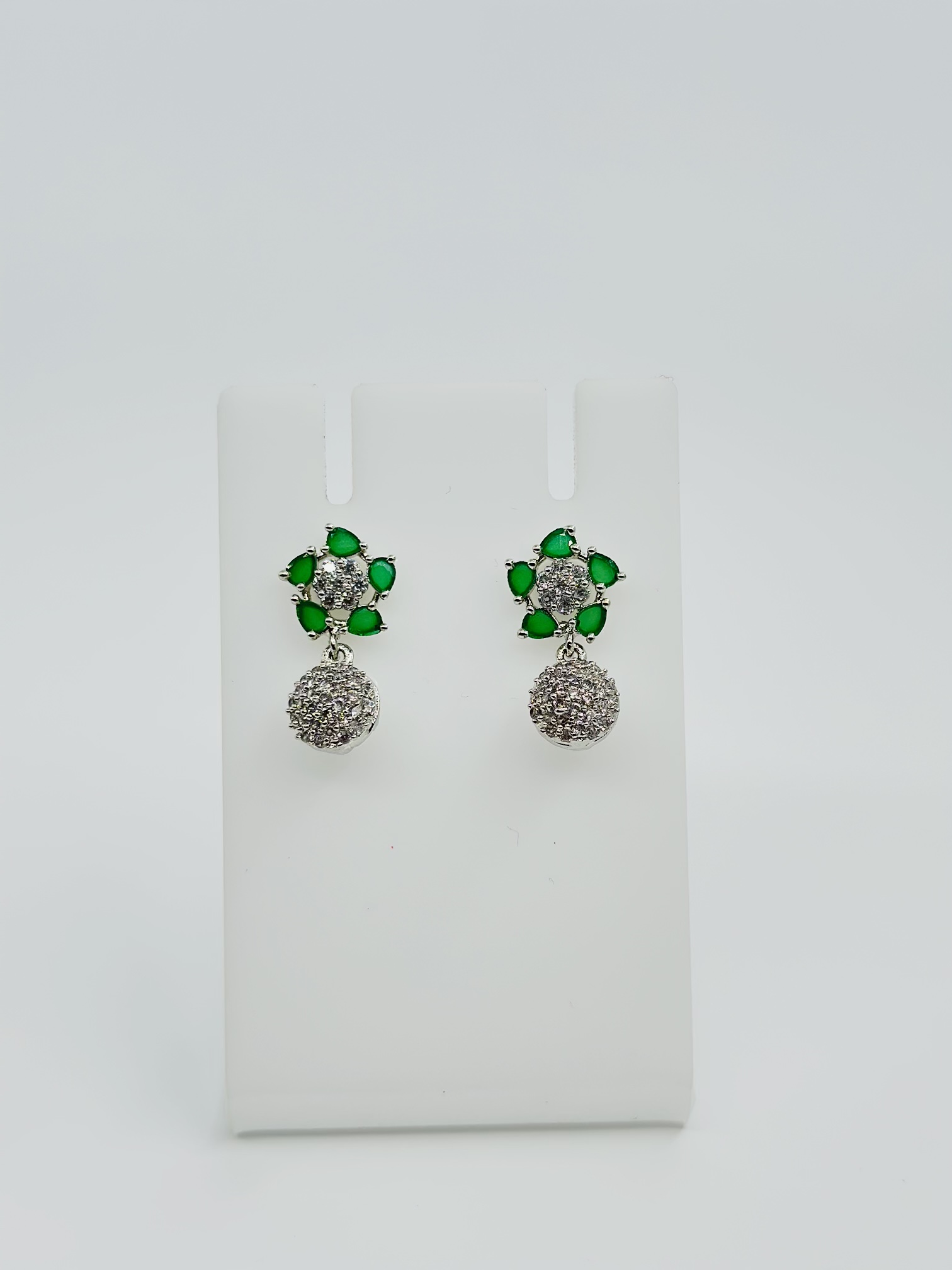 Green Stone & CZ Rhodium-Tone Drop Earrings - Image 2