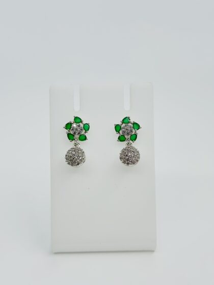 Green Stone & CZ Rhodium-Tone Drop Earrings