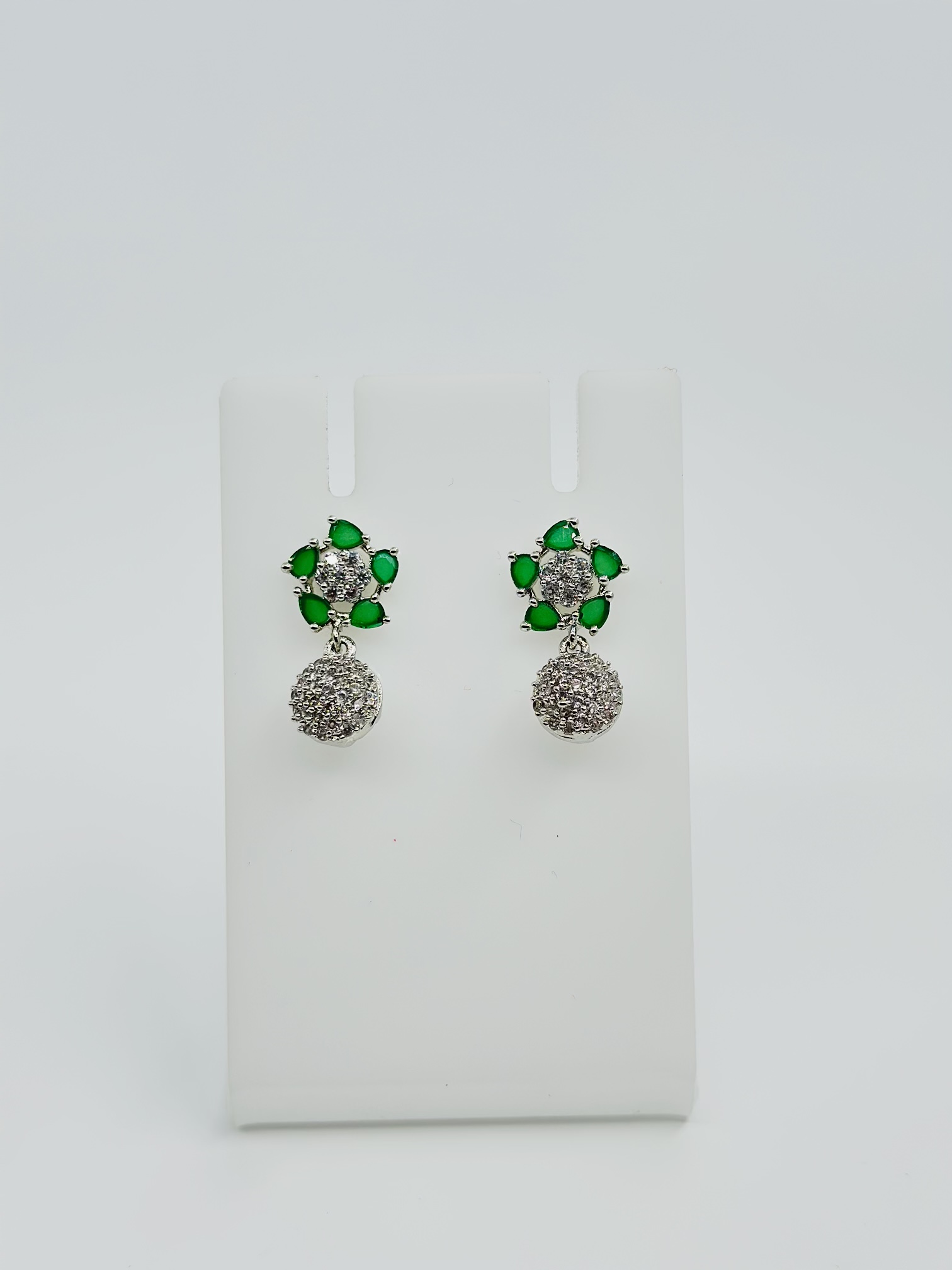 Green Stone & CZ Rhodium-Tone Drop Earrings