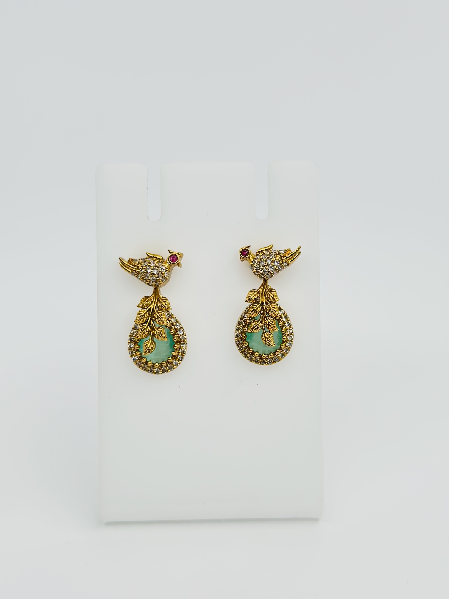 Green Stone & CZ Gold Tone Bird Drop Earrings - Image 3