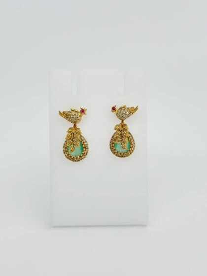 Green Stone & CZ Gold Tone Bird Drop Earrings