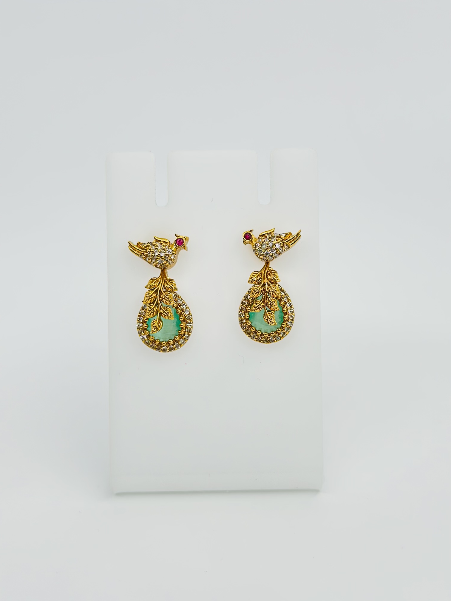 Green Stone & CZ Gold Tone Bird Drop Earrings