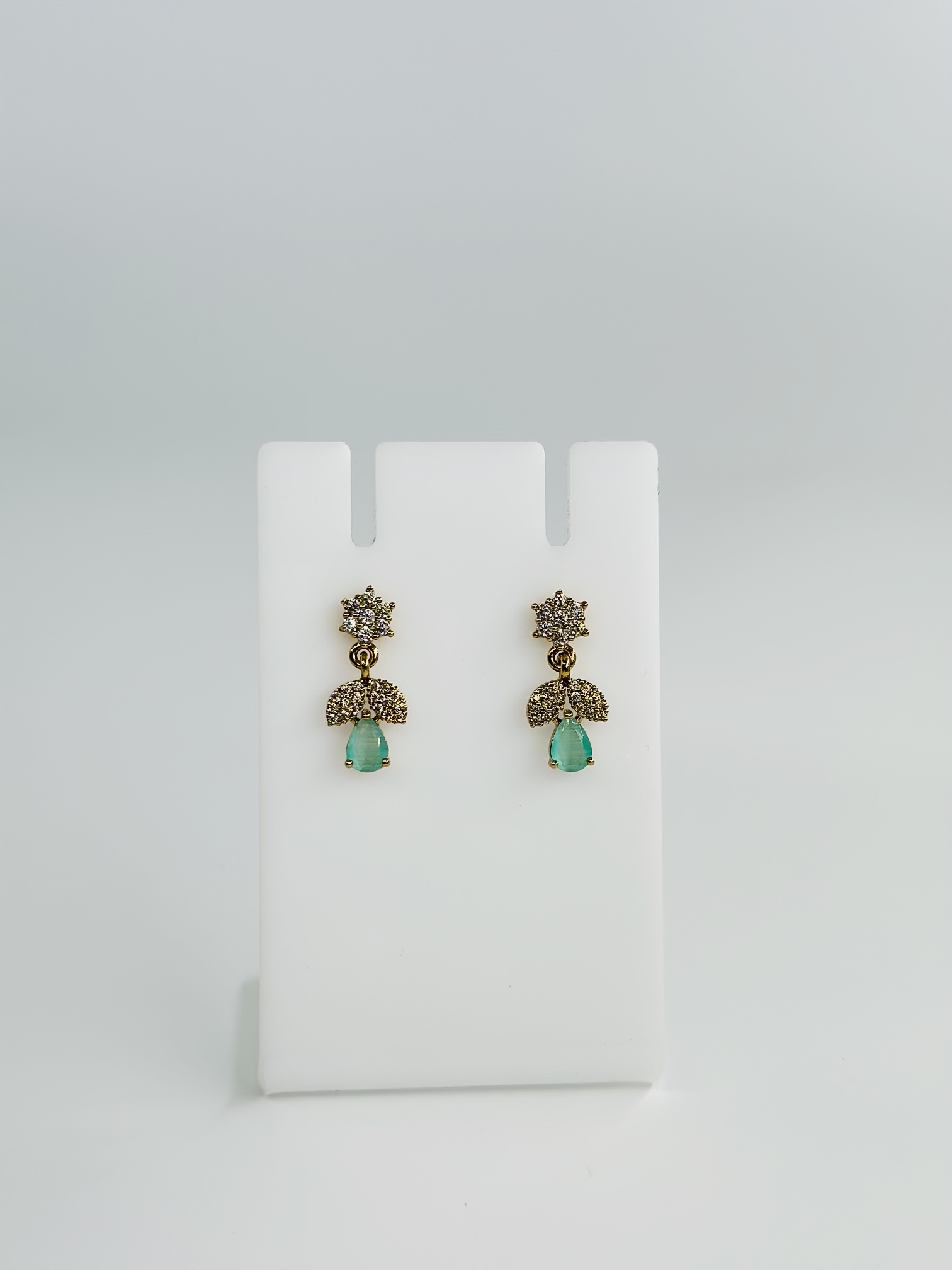 Green Stone & CZ Gold tone Drop Earrings