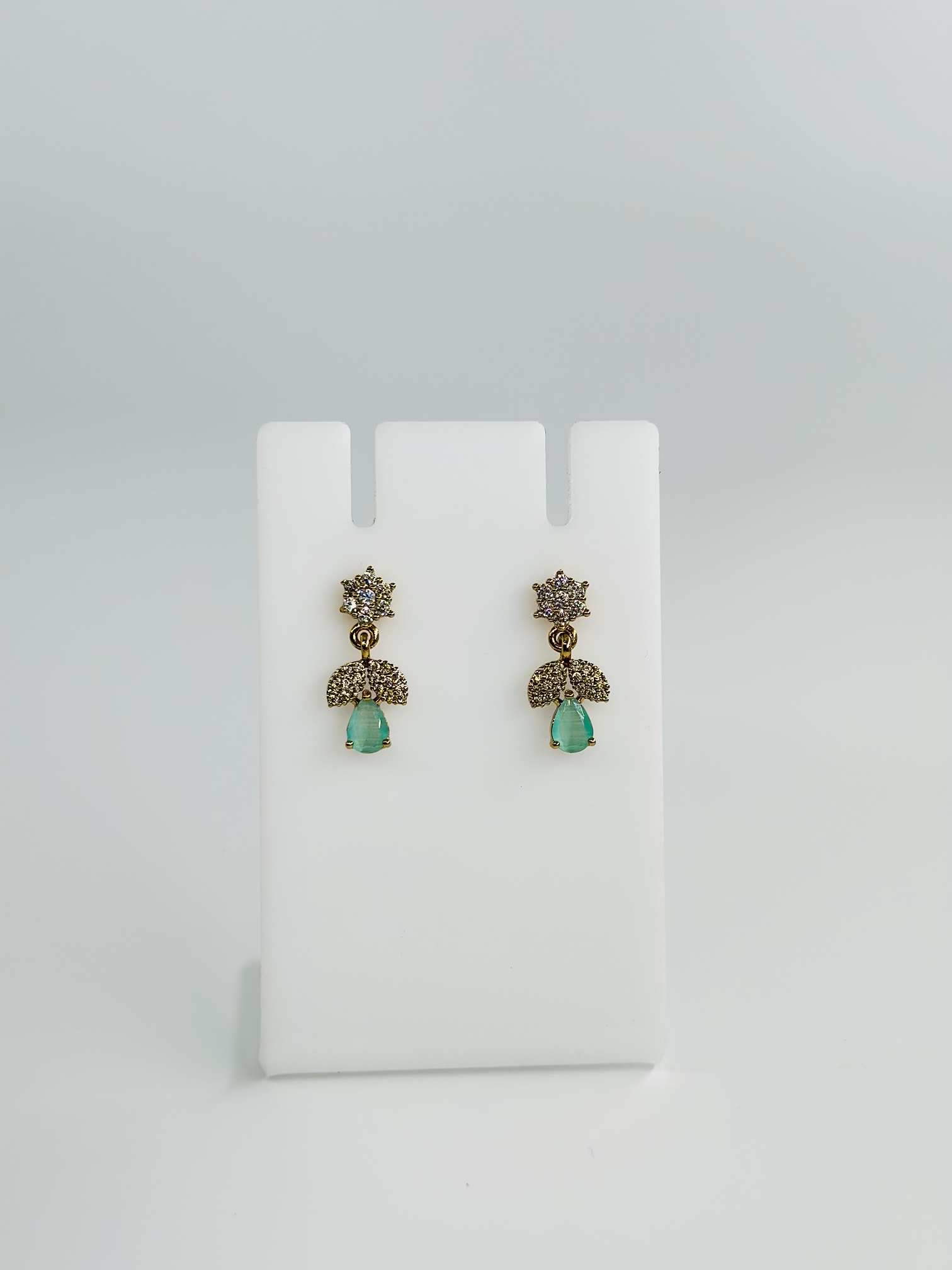Green Stone & CZ Gold tone Drop Earrings - Image 3