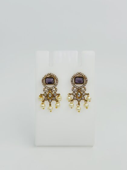 Purple Stone & Pearl Gold Tone Drop Earrings
