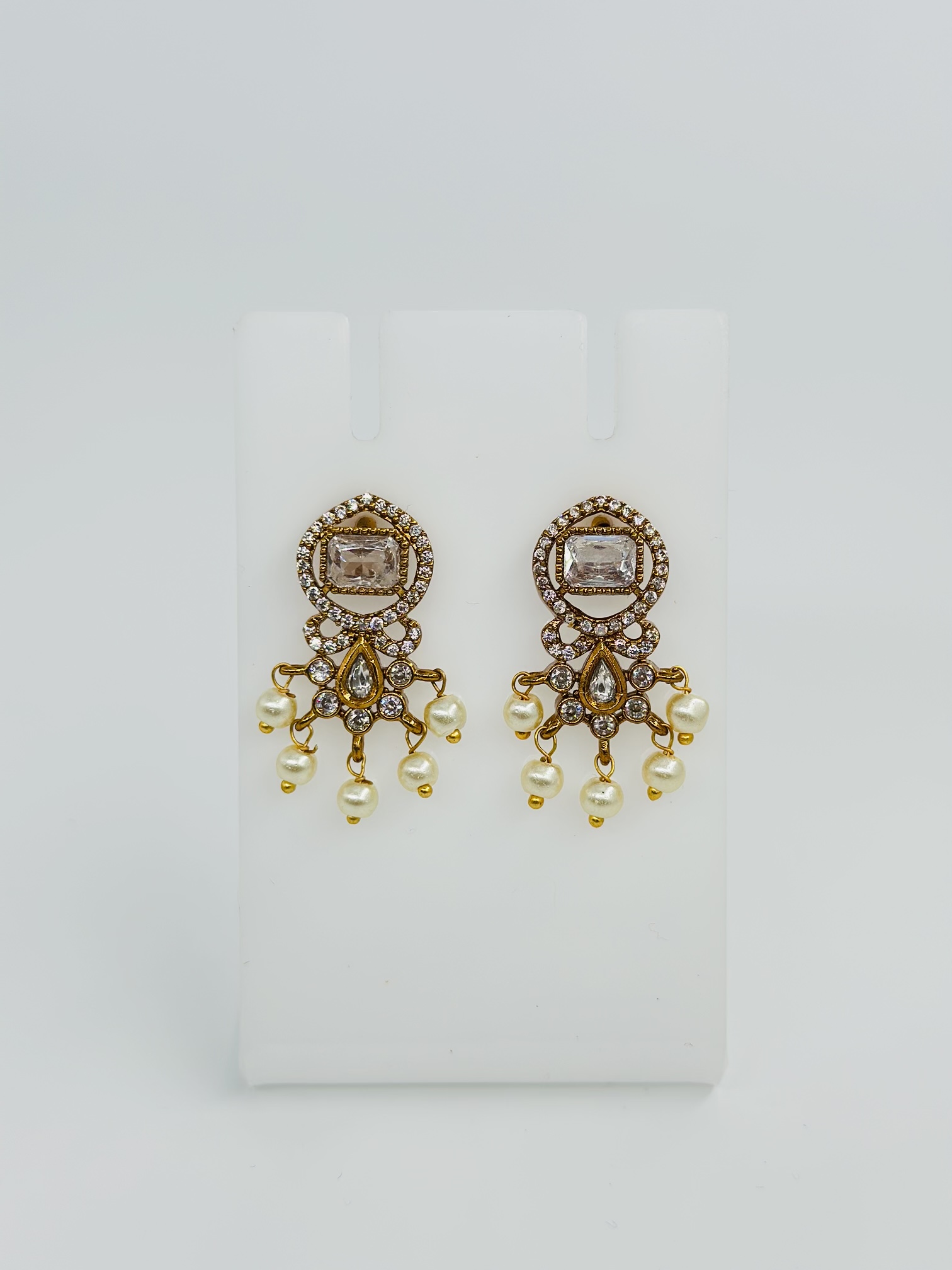 CZ Stone & Pearl Gold tone Drop Earrings - Image 4