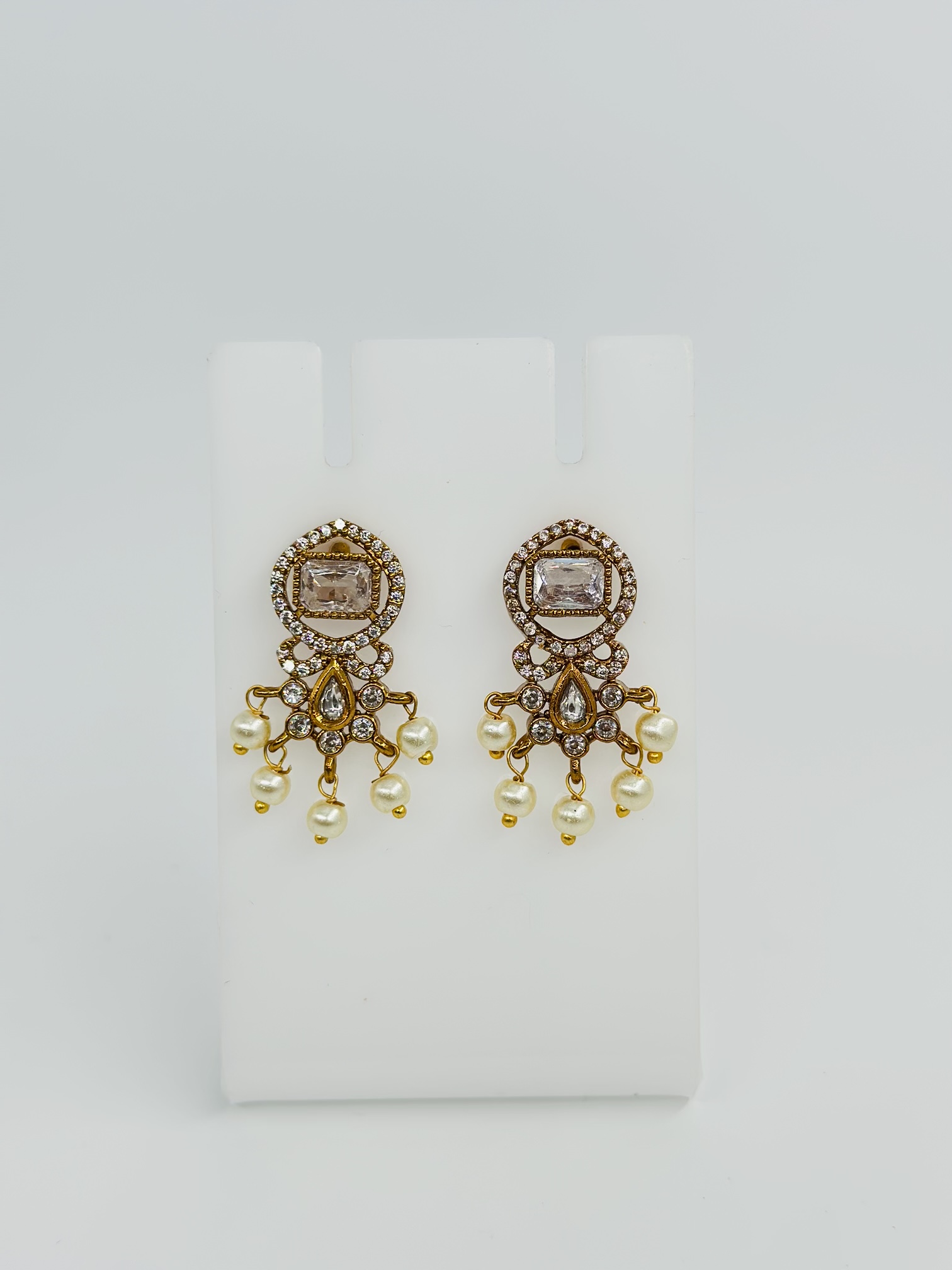 CZ Stone & Pearl Gold tone Drop Earrings - Image 3